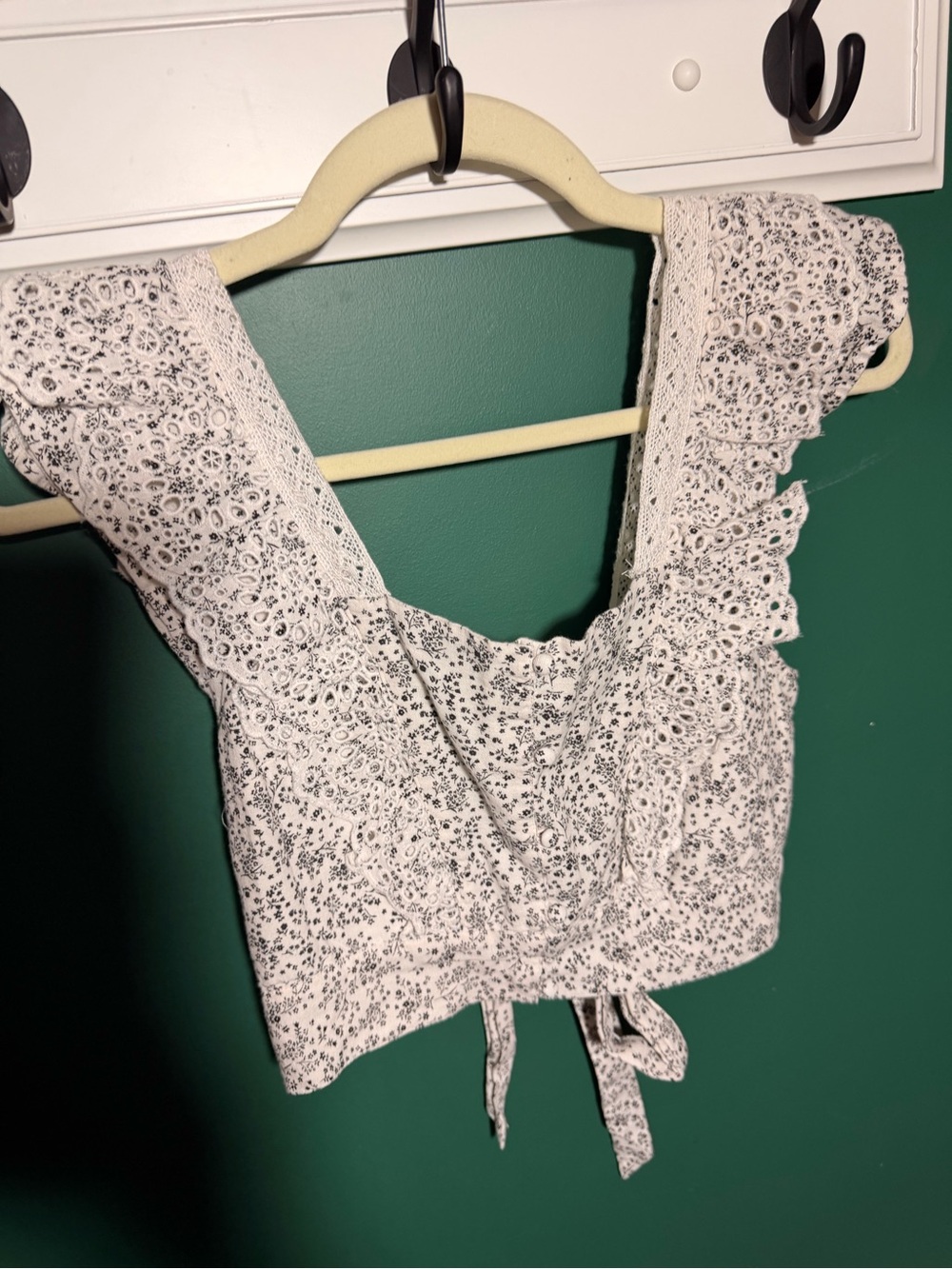 American Eagle Outfitters White & Black Floral Eyelet Tie-Front Crop Top
